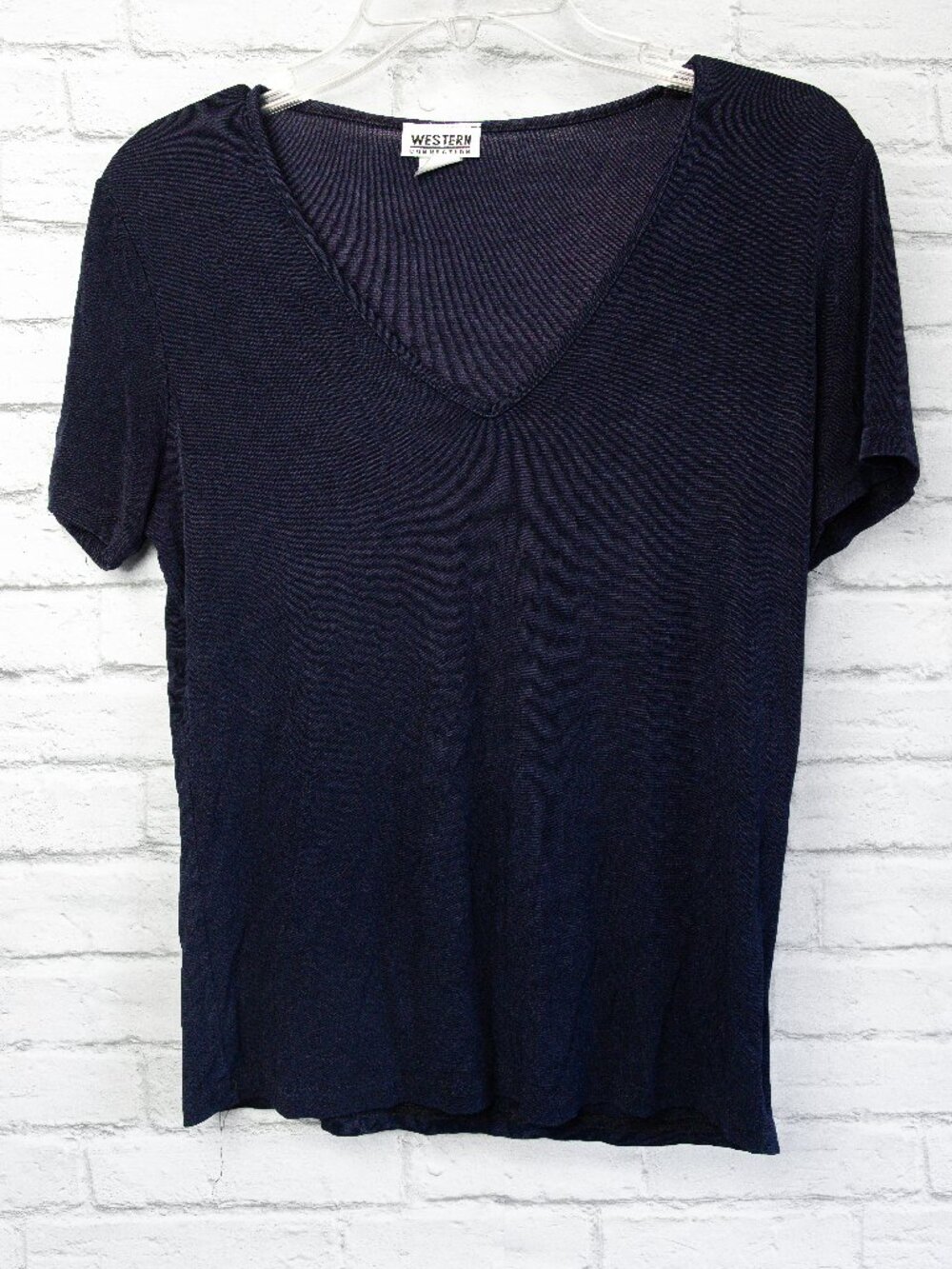 Vintage 80s Western Connection Navy Short-Sleeved V-Neck Chemise